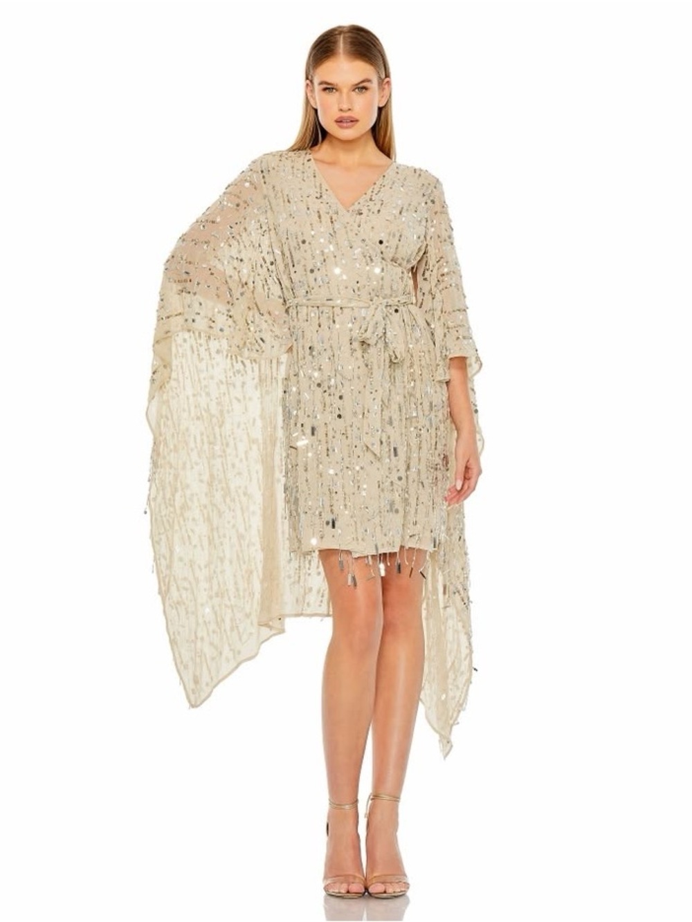 NEW Mac Duggal 94044 Cape Back Fringe Beaded Robe Dress Small Champagne $598 NWT